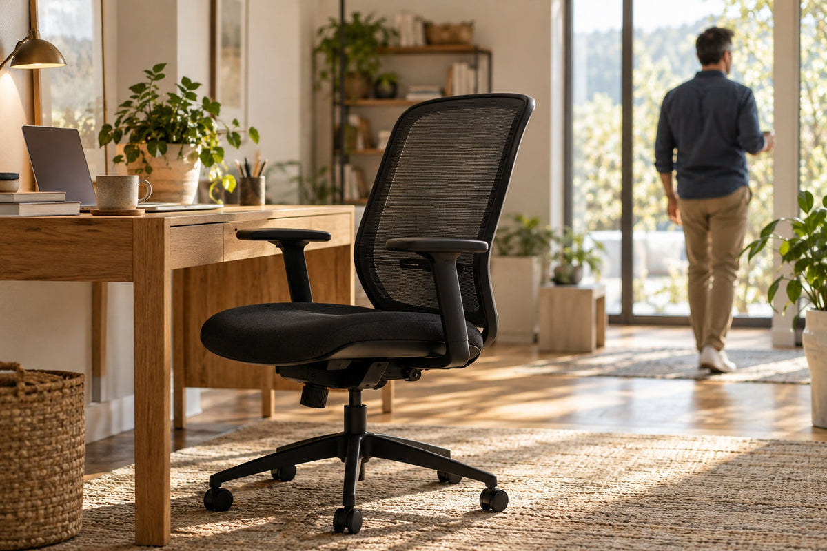 Black office chair beside an oak desk, with a person walking near a sunlit window.
